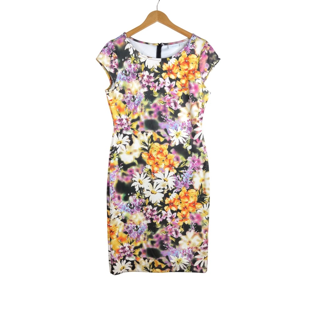 New York & Company Floral Print Sheath Cap‎ Sleeve Dress size Large White/Yellow